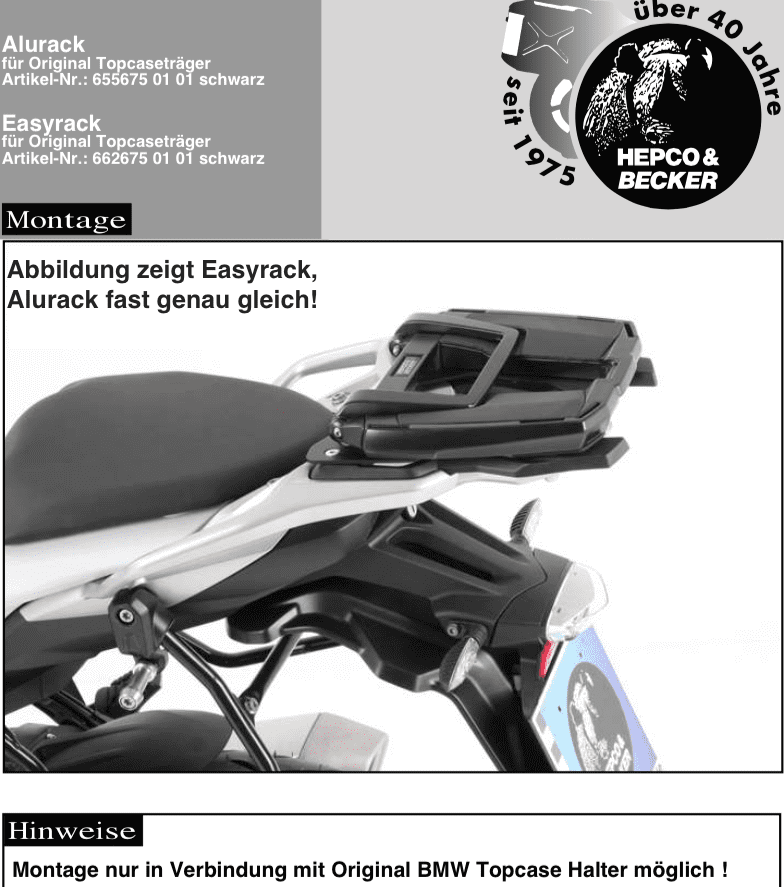 Alurack top case carrier black for combination with original rear rack for BMW S 1000 XR (2015-2019)